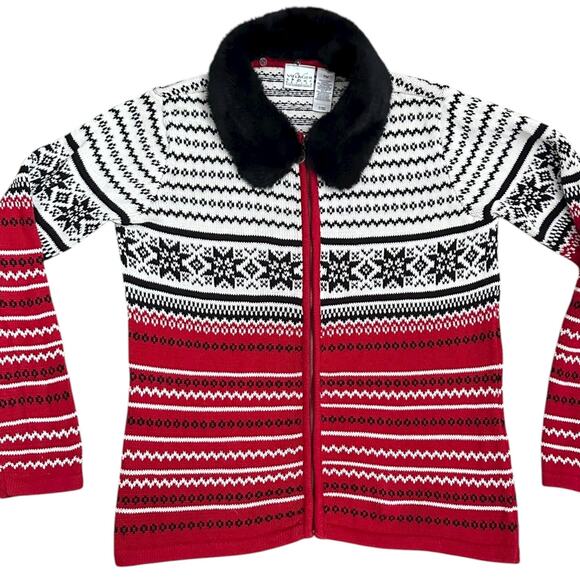 Vtg Villager Sport Petite M Fair Isle Sweater Faux Fur Collar Full Zip Holiday - Picture 2 of 10